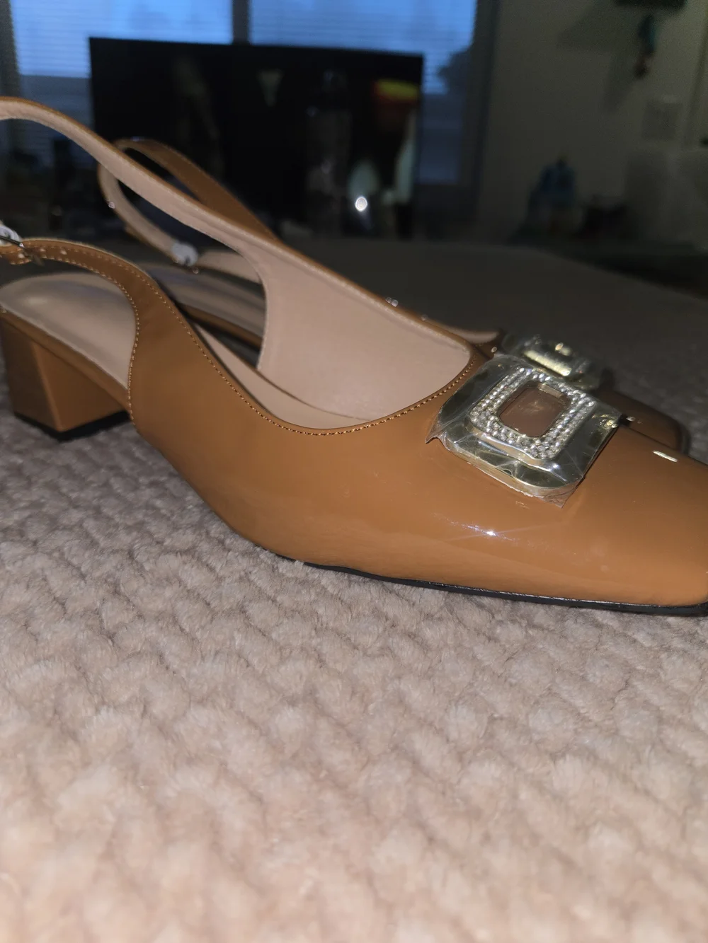 Women's Tan Slingback Block Heel Pumps with Gold Buckle
